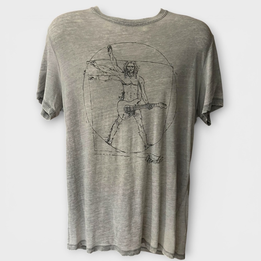 LUCKY BRAND Men's Gray Graphic Print Guitar Playing Vitruvian Man T-Shirt | EUC